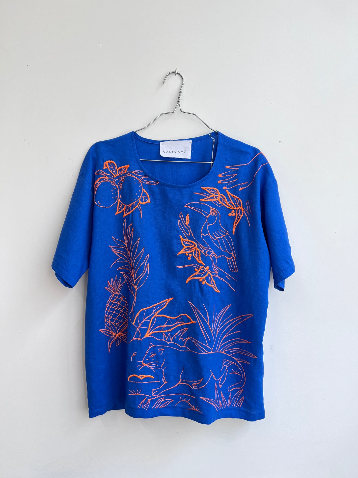 A tropical blue t-shirt