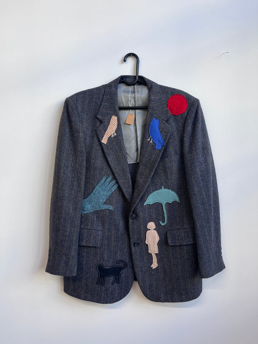 Up-cycled Navy Blue Wool blazer with weird appliqué