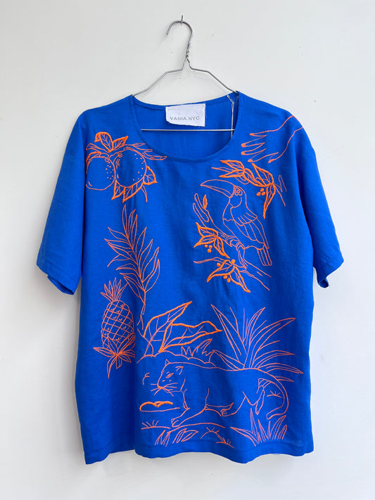 A tropical blue t-shirt