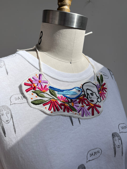 Embroidered Floral Silk Necklace- My garden
