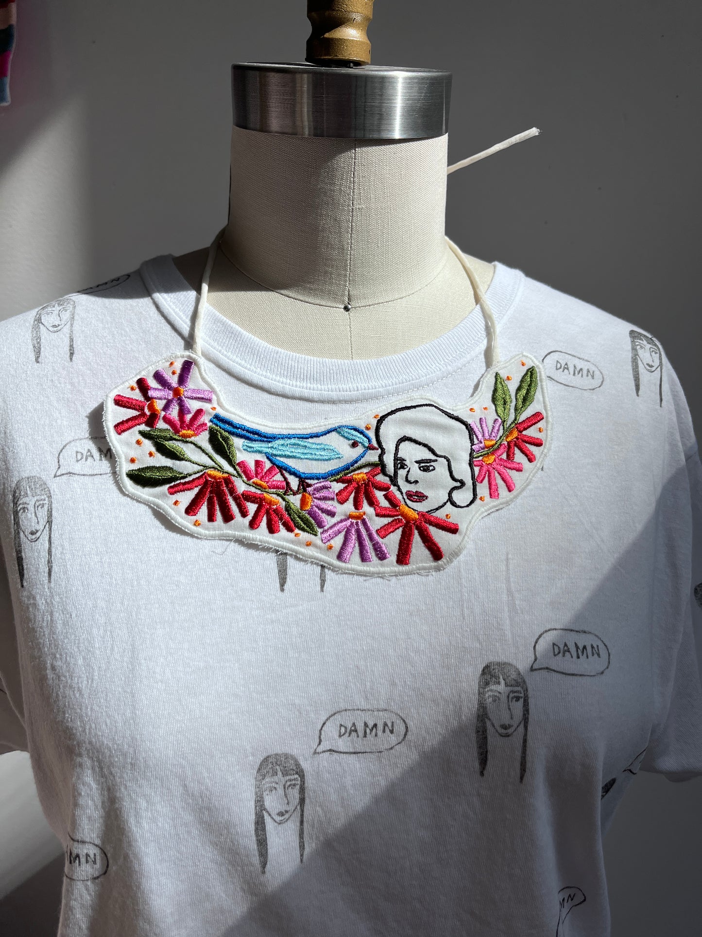 Embroidered Floral Silk Necklace- My garden