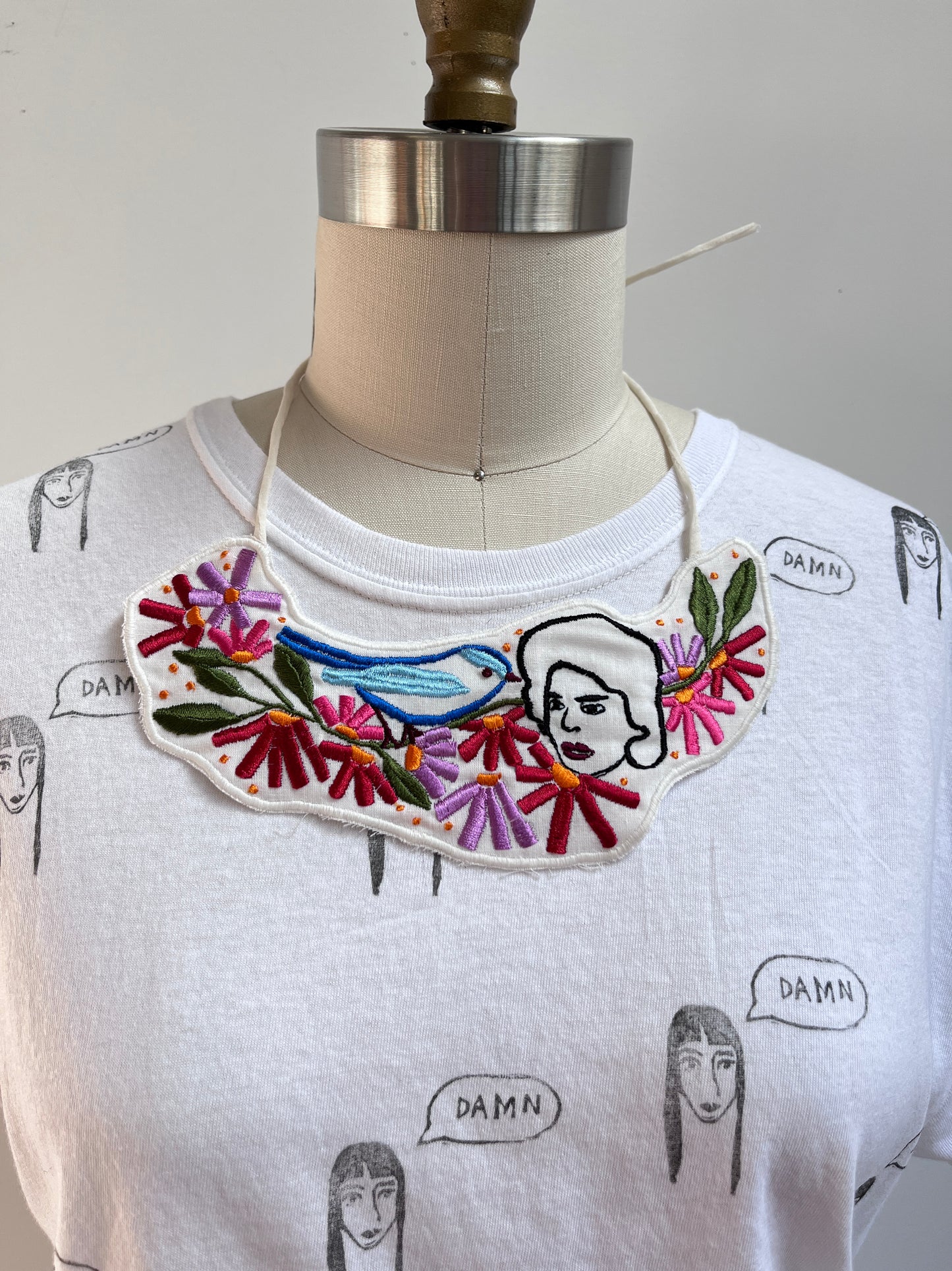 Embroidered Floral Silk Necklace- My garden