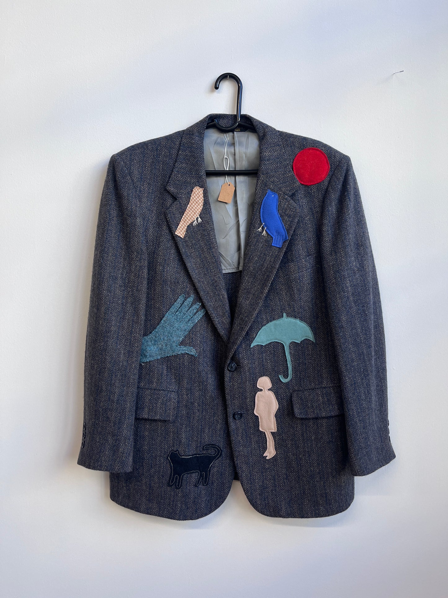 Up-cycled Navy Blue Wool blazer with weird appliqué