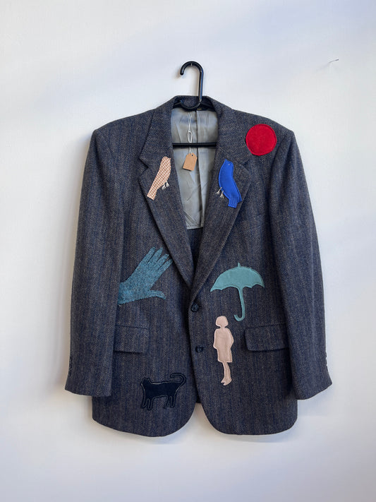 Up-cycled Navy Blue Wool blazer with weird appliqué