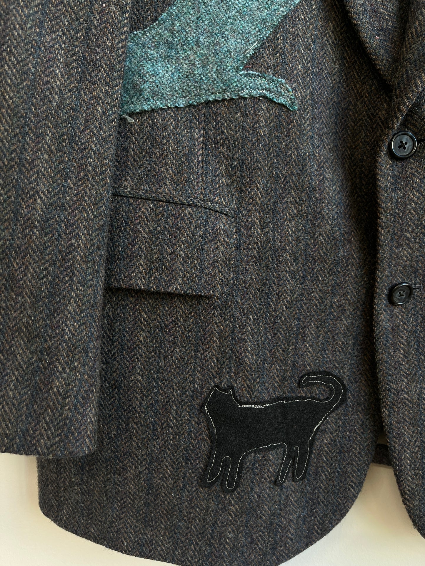 Up-cycled Navy Blue Wool blazer with weird appliqué