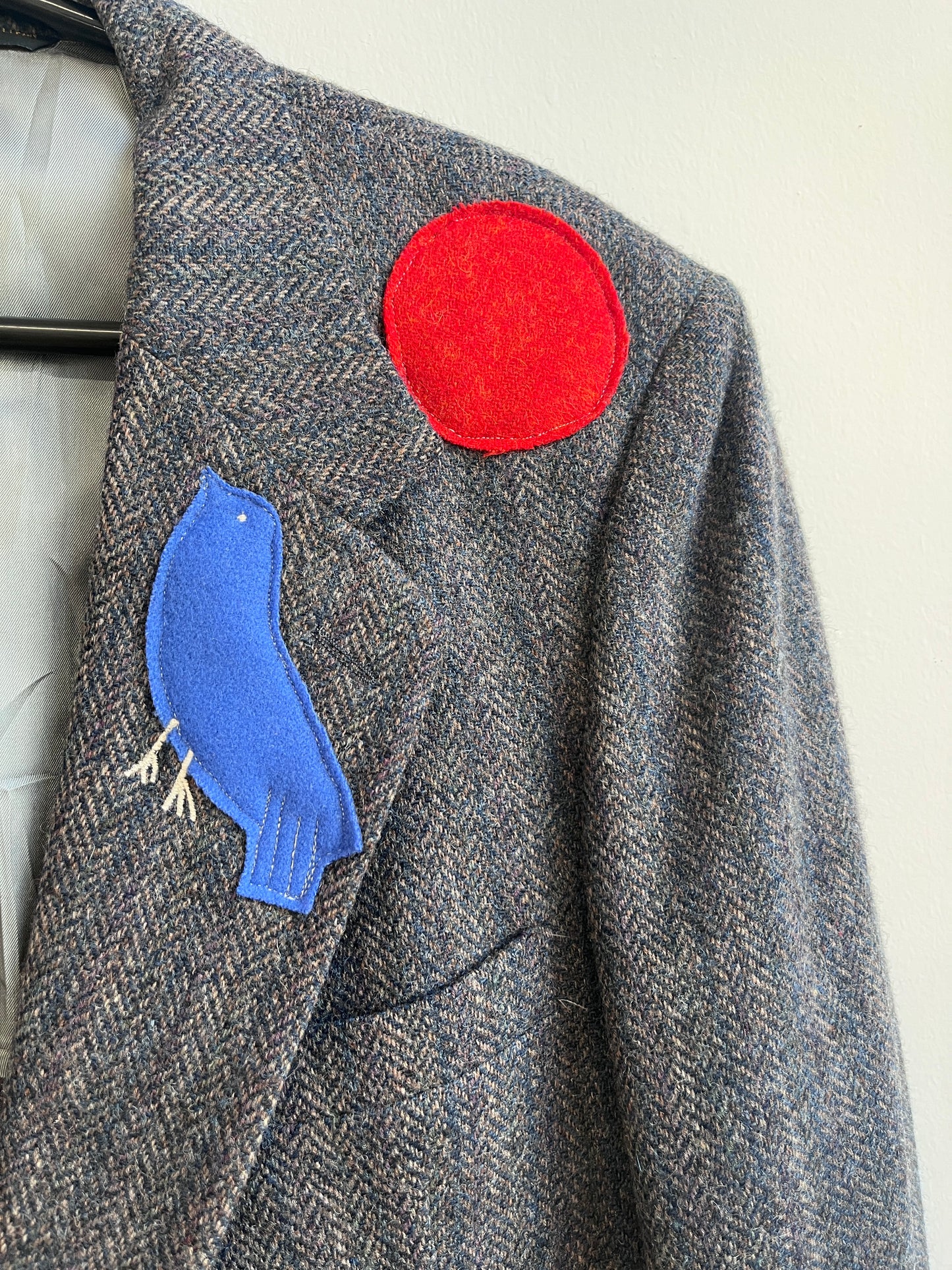 Up-cycled Navy Blue Wool blazer with weird appliqué