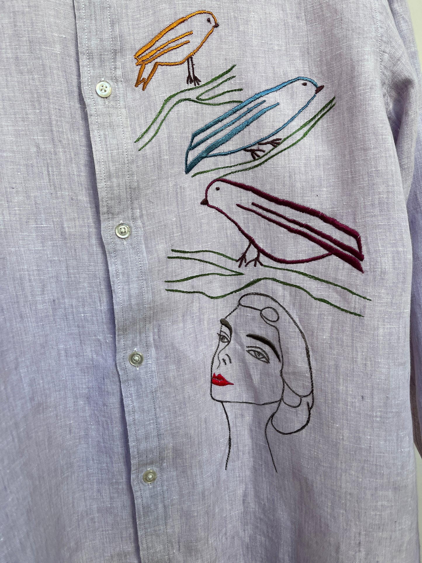 Love birds on a lavender linen shirt