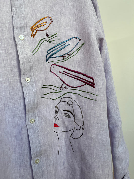 Love birds on a lavender linen shirt
