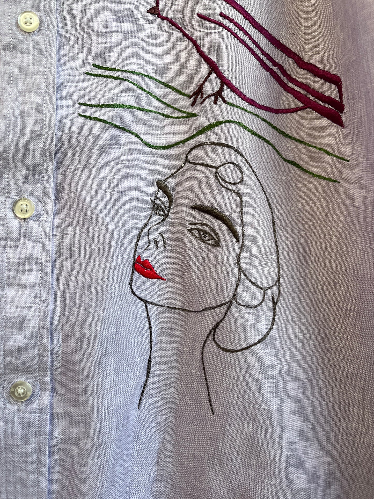 Love birds on a lavender linen shirt