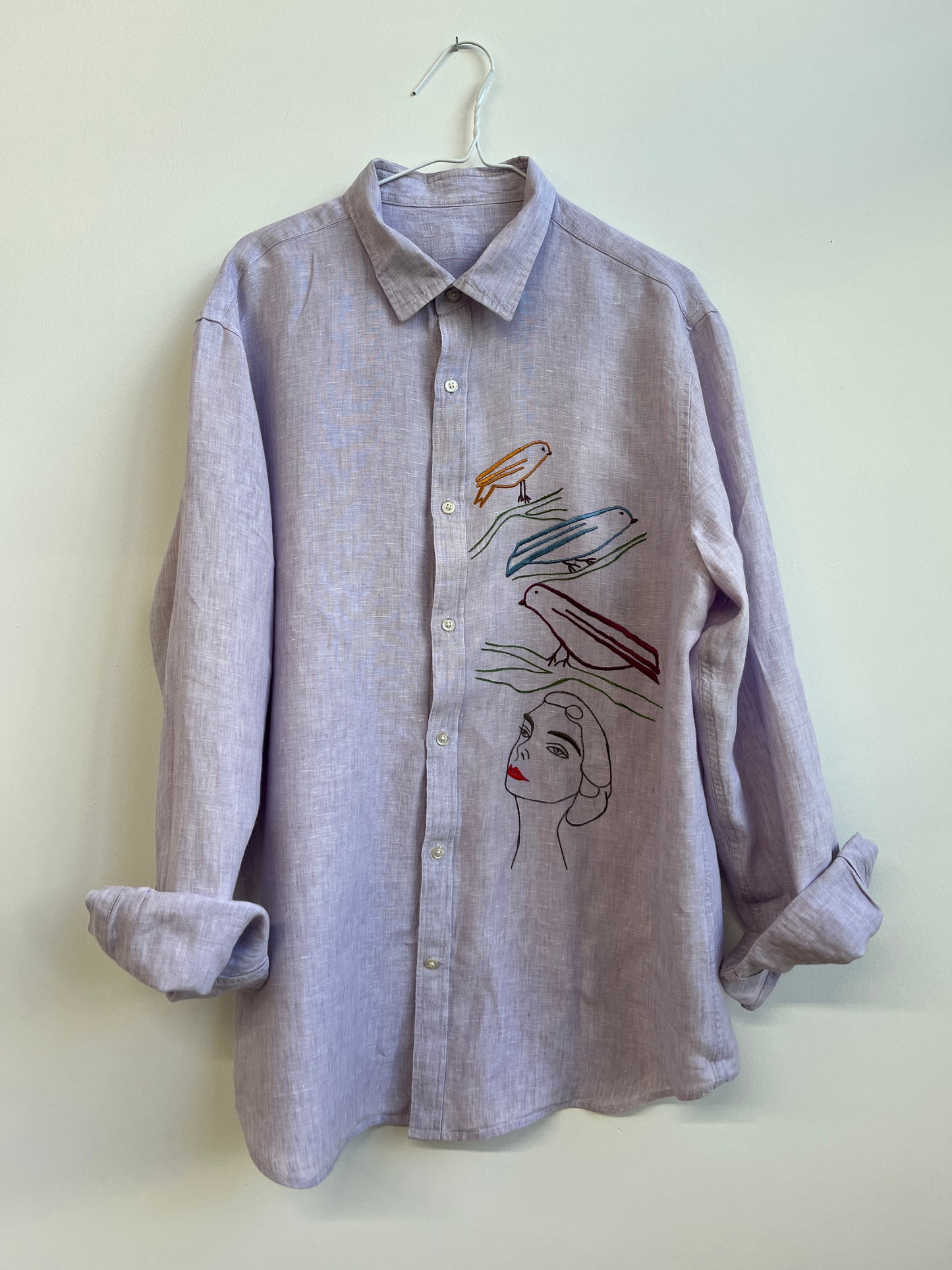 Love birds on a lavender linen shirt